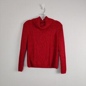 Women's Jones New York Red Cable Knit Turtleneck Sweater Size Large Silver